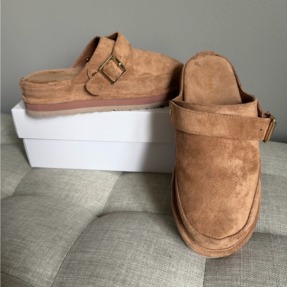 Madden Girl Tan Suede Buckle Slip-On Clogs
